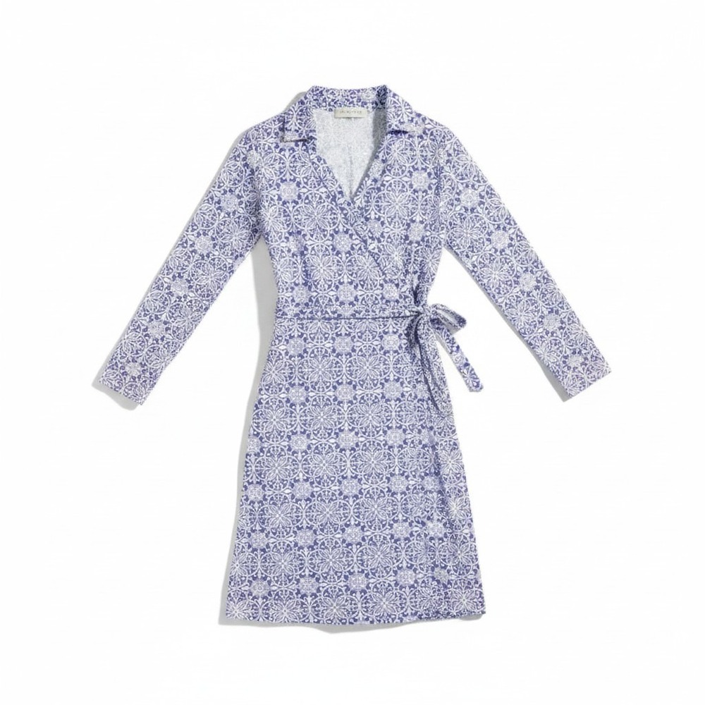Pendleton Wrap Dress Petite XL Blue White Tile Print Long Sleeve Medallion Boho